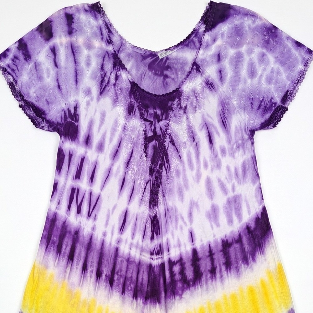 Batik Tie Dye Tunic Dress Women Purple Yellow Boho Embroidered Hippie Gorpcore - Picture 5 of 11